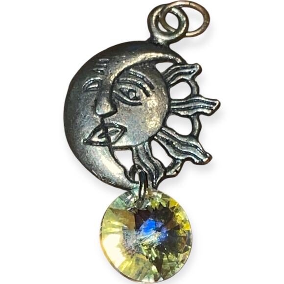 Sun Moon Face Pendant with Iridescent Crystal Drop | Celestial Boho Charm - Picture 1 of 7
